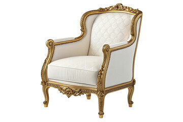 Elegant white armchair with ornate gold trim isolated on transparent background