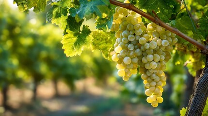 Vibrant photo of sauvignon Blanc grapes clustered on a vine in soft sunlight with lush green leaves in focus and a blurred vineyard background creating ample copy space .