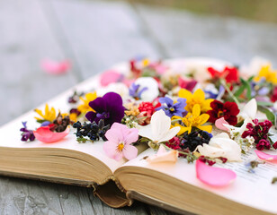 Firefly open book filled with vibrant flowers on a wooden table in a sunny garden