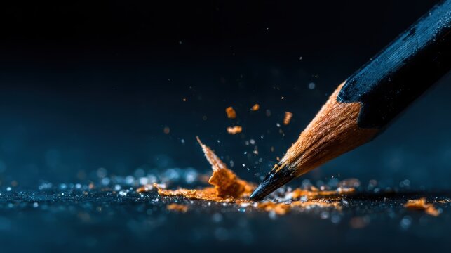 A close-up shot of a freshly sharpened pencil with wood shavings that captures the beauty of creation and the intricate details of art and writing instruments in motion.