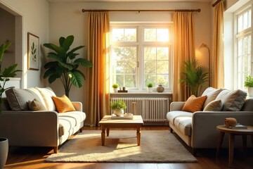 A cozy living room, sunlight streaming through a window, highlighting comfortable furniture and warm decor, perfect for senior living , comfortable, senior care