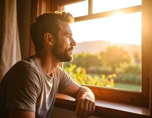 Man lost in thought gazing out of a window at sunset with warm light illuminating his face in a cozy interior setting