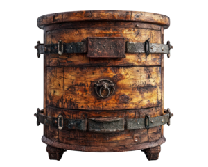 Aged, circular wooden chest with iron bands