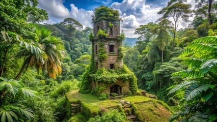 Fototapeta premium Ruined Tower Overgrown with Jungle, Lush Tropical Vegetation, Ancient Adventure Site