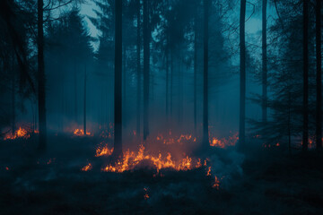 Forest fire burning through trees in a dense forest, with flames and smoke spreading across the ground and creating an ominous scene.