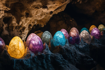 Colorful, glowing eggs nestled in a dark, rocky cave, illuminated by soft light, creating a mystical and enchanting atmosphere.