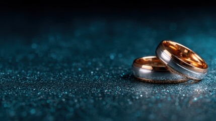 Two elegantly intertwined wedding rings sitting atop a sparkling surface, representing timeless love and commitment, capturing the essence of matrimonial bonds and unions.