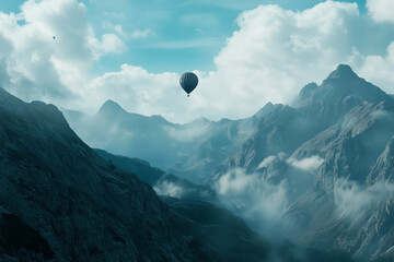A hot air balloon floats above rugged mountain peaks with clouds surrounding the valleys and a blue sky overhead.