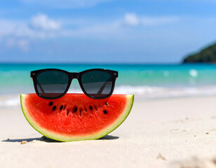 Vibrant watermelon with sunglasses on white sand beach under bright blue sky, perfect for summer enjoyment