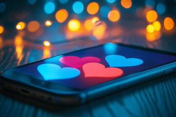 Smartphone displaying four heart icons in pink and blue, with blurred colorful bokeh lights in the background.