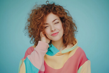 Young woman with curly red hair smiling softly, wearing a colorful pastel hoodie, against a light blue background.
