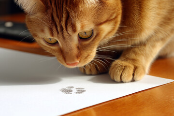 An orange tabby cat inspects a paw print on a white sheet of paper on a wooden surface.