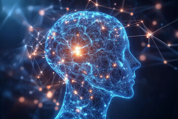 Digital illustration of a human head with interconnected glowing neural networks and bright points representing brain activity and data connections.