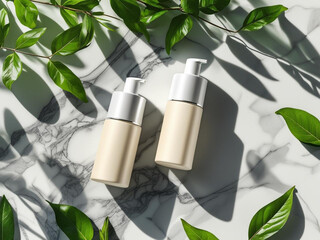 Two blank cosmetic bottles on a marble surface with green leaves and soft shadows, natural skincare mockup, top-down composition, elegant and clean.