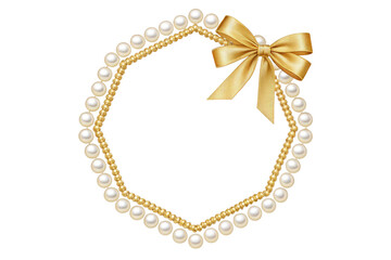Elegant pearl necklace and golden bow frame isolated on transparent background