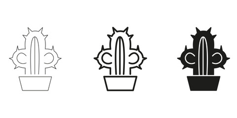 Cactus In Pot In Line, Outline, And Glyph Icon Set. Nature And Home Decor. Desert Plant, Succulent Care, And Indoor Gardening Symbol Collection. Isolated Vector Illustration