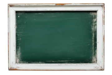 Blank green chalkboard with a distressed white wooden frame, perfect for content messages, menus, displaying educational or on transparent background