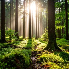 Sunbeams pierce a lush green forest floor creating a magical scene of light and shadow among the tall trees.