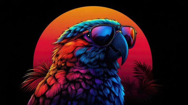 Colorful parrot with sunglasses against vibrant sunset background