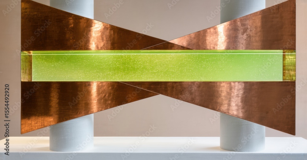 Poster copper panels intersect, framing vibrant green glass rectangle. minimalist sculpture rests on white 