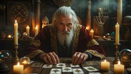 Obraz premium Foretelling the future using tarot cards, conducted by a seasoned and wise elderly individual 