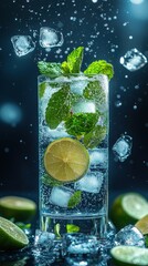 Refreshing mojito cocktail with lime and mint in a glass filled with ice and bubbles. Dynamic vertical photo perfect for summer drink ads, bar menus, and beverage promotions