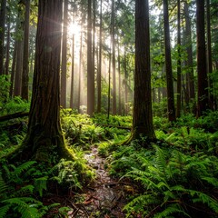 Sunlight streams through the forest, highlighting lush ferns and tall trees on the forest floor.