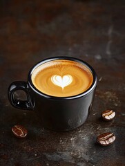 A sleek black espresso cup, glossy finish, dark moody backdrop,