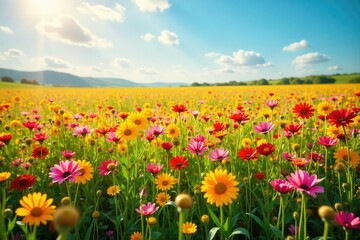 Obraz premium A large, irregular mass of vibrant summer flowers, bursting with color and texture, sits in a sun-drenched field, conveying a sense of abundance and carefree joy , blossom, mass, organic