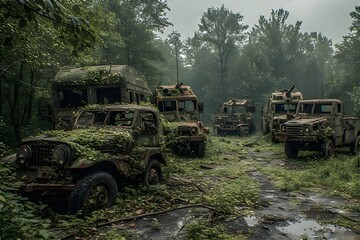 A rusty vintage farm truck and tractor sit abandoned in a green forest field