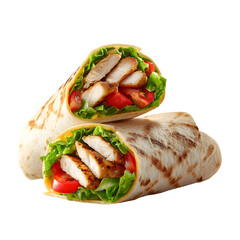 Two delicious grilled chicken wraps with lettuce and tomato isolated on transparent background