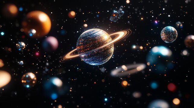 Amazing cosmic night sky with fluorescent galaxies, radiant stars, luminous moon and disco ball reflections