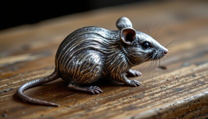 Obraz premium Silver Mouse Sculpture on Wooden Surface