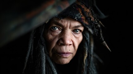 The image presents a striking figure with a unique hairstyle and intense gaze, set against a dark background, evoking mystery, strength, and deep character through artistry.