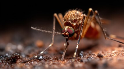 Fototapeta premium This macro shot features a detailed view of a mosquito, showcasing its intricate features and textures against a dark backdrop, highlighting nature's small marvels.