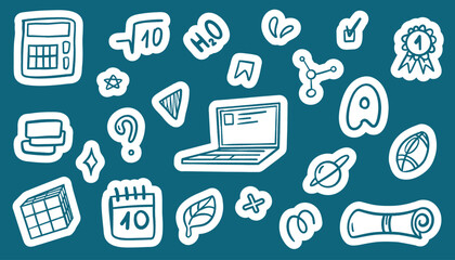 Colorful school sticker collection with backpacks, books, clocks, and lunchboxes. Hand-drawn doodle icons ideal for planners, digital scrapbooks, or classroom decoration. Vector files included.
