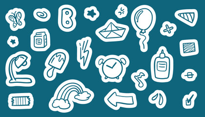 Set of colorful school stationery stickers. Includes rulers, scissors, paintbrushes, and calculators in doodle style. Perfect for classroom resources, scrapbooks, or planner decoration.