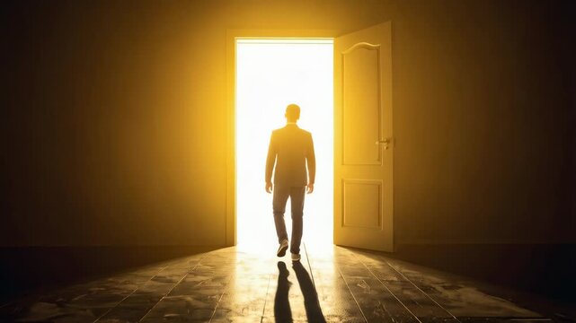 Man in suit strides toward bright light shining through an open doorway, dark interior with wooden floor and strong light, future concept