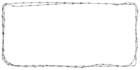 Barbed wire rectangular border frame. Black fill silhouette vector for prison, war zone, restricted area or danger concept. Sharp metal security design element.