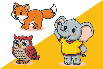 cute cartoon vector of fox owl and elephant characters for children’s book and educational designs