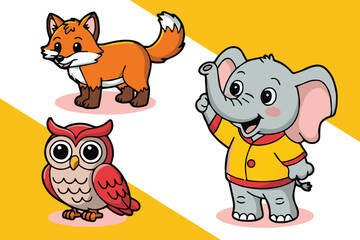 colorful cartoon animal vector pack: fox owl elephant for children decor school learning