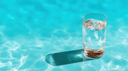 A clear glass filled with water sits atop a vibrant blue pool surface, showcasing reflections and creating a serene, refreshing atmosphere for relaxation and enjoyment.