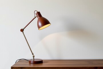 Brown Metal Desk Lamp with Adjustable Arm on Wooden Desk
