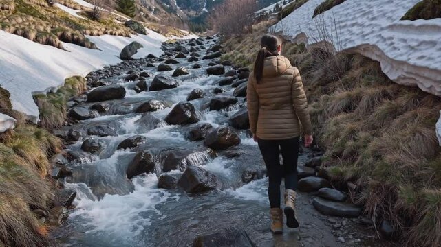 Woman walking alongside a flowing mountain river with patches of snow on both sides, symbolizing inner reflection, nature healing, solitude, mindfulness, journey through wilderness, personal growth