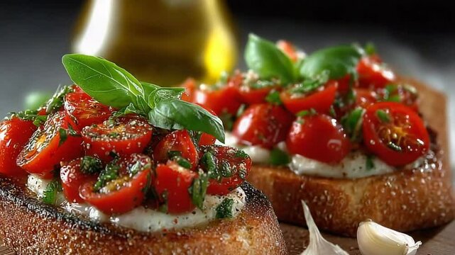 Delicious bruschetta with fresh tomatoes, mozzarella, garlic and basil on wooden table
