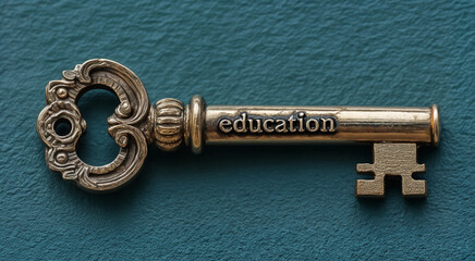 Vintage key with engraving 'Education' on teal background. Education and study concept. Top view for poster, card, design 