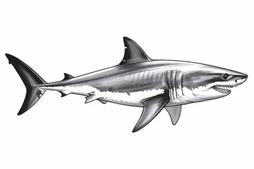 detailed monochrome vector graphic of a swimming great white shark for wildlife, oceanography, and educational use