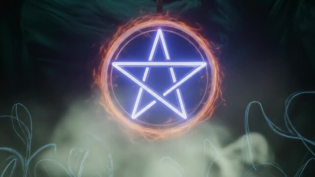 Glowing pentagram symbol in fire and smoke design
