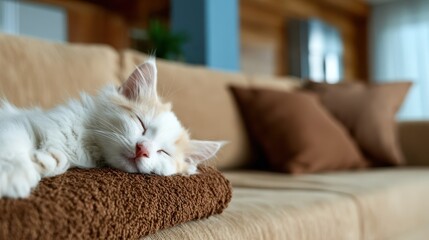 A fluffy cat blissfully sleeps on a warm blanket, capturing the essence of comfort and serenity in a cozy living space filled with natural light and soothing vibes.