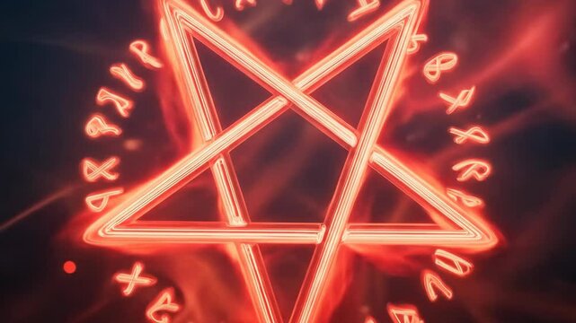 Glowing red pentagram symbol design with ancient symbols background